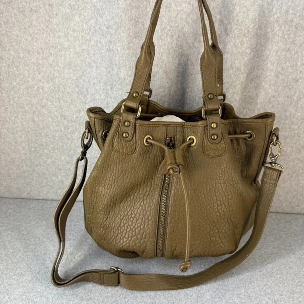 Nordstrom Olive‎ Green Leather Bucket Bag Adjustable Strap Drawstring Close NWT
